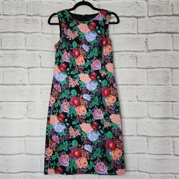 J. Crew Adachi Floral Jewel Neck Sleeveless Sheath Dress Black Multi Color Sz 4 - Picture 1 of 14
